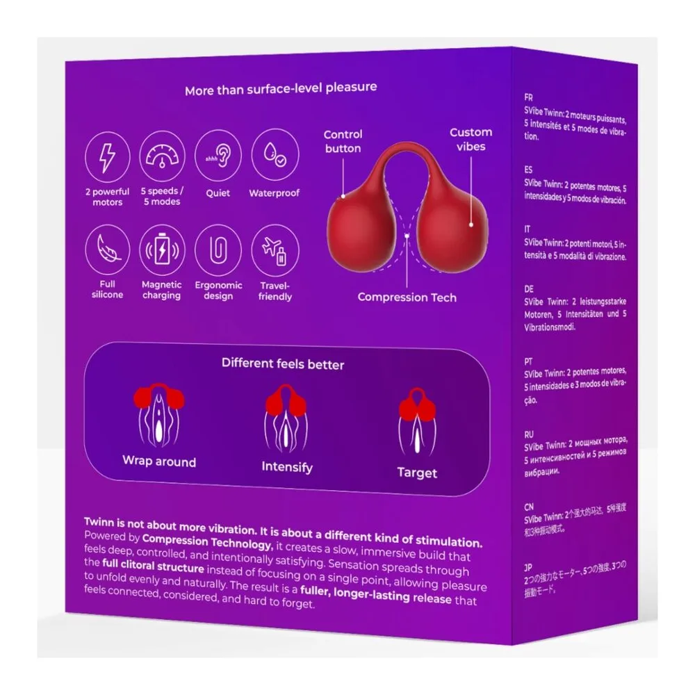 Vibromasseur en silicone rouge en forme de larme avec anse, deux moteurs distincts, bouton de contrôle et points de contact métalliques visibles, fond blanc
