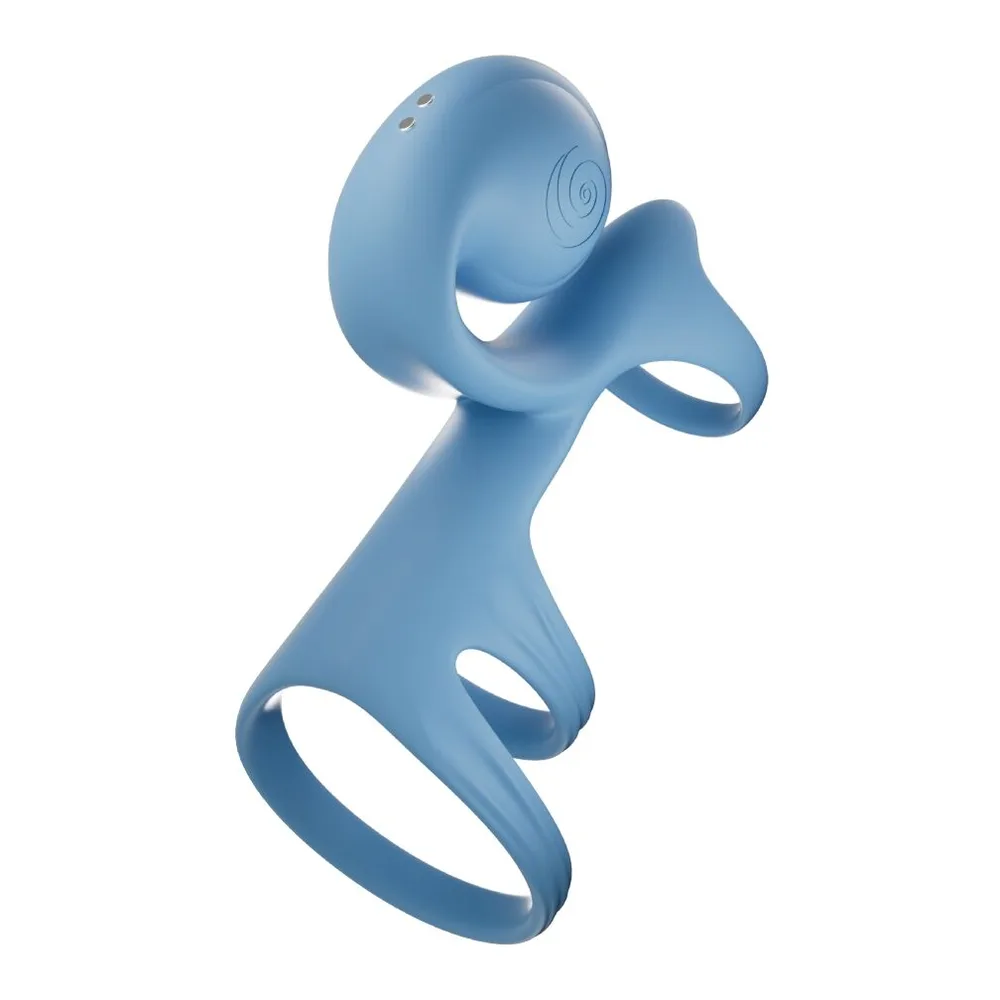 Cockring noir en silicone avec trois anneaux entrecroisés et stimulateur de forme arrondie en haut, sur fond blanc