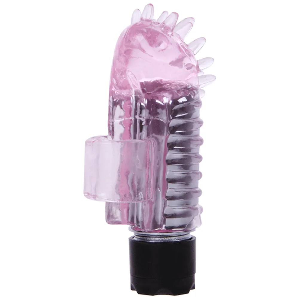 Vibromasseur en silicone rose transparent avec picots, doigts stimulants et base noire, conçu pour se glisser sur le doigt
