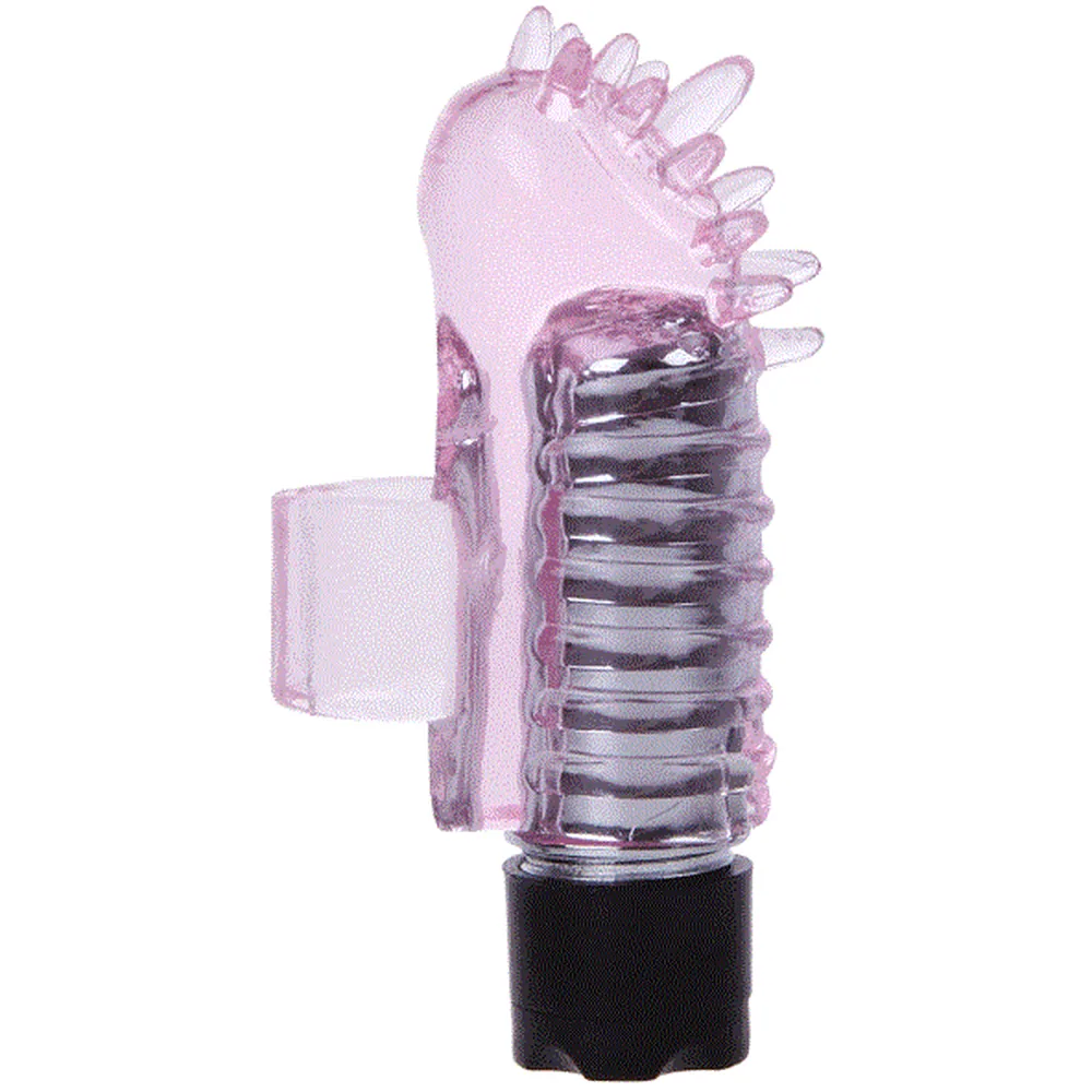 Vibromasseur en silicone rose transparent avec picots, doigts stimulants et base noire, conçu pour se glisser sur le doigt