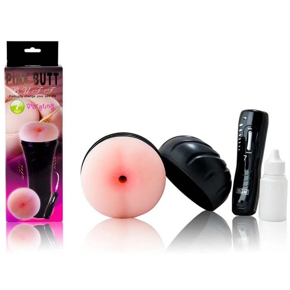 Masturbateur rose et noir avec emballage illustré, télécommande filaire noire, balle vibrante rose et flacon de lubrifiant blanc sur fond gris