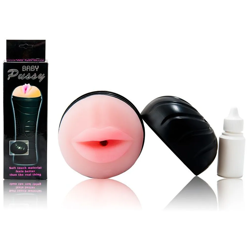 Masturbateur avec insert en silicone rose en forme de bouche, corps noir texturé et capuchon de rangement assortis, fond blanc