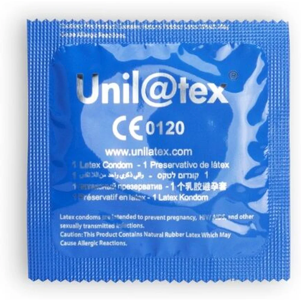 Sachet individuel de préservatif Unilatex en latex naturel, emballage bleu avec texte blanc et marquage CE, vue de face du conditionnement
