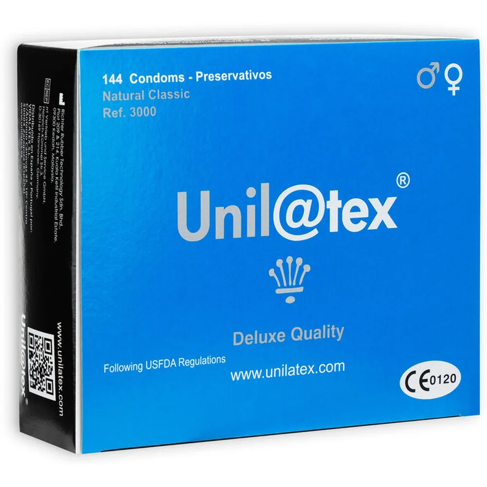 Sachet individuel de préservatif Unilatex en latex naturel, emballage bleu avec texte blanc et marquage CE, vue de face du conditionnement