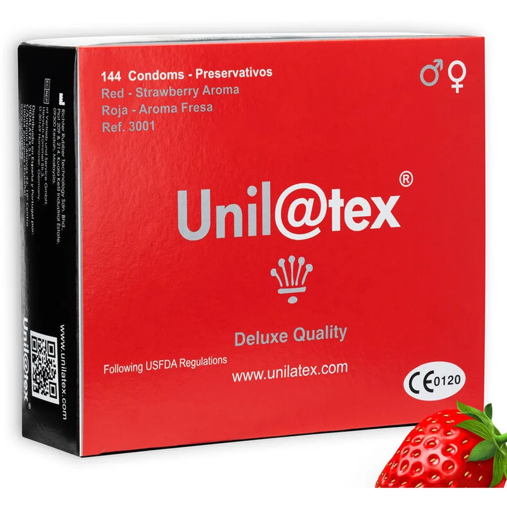 Boîte rouge de 144 préservatifs Unilatex aromatisés fraise avec logo blanc et fraise visible en bas à droite du visuel