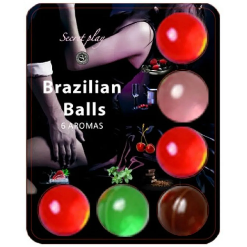 Emballage de balles brésiliennes lubrifiant avec six boules lisses en rouge, rose, vert et marron disposées sur fond noir, marque Secret Play visible