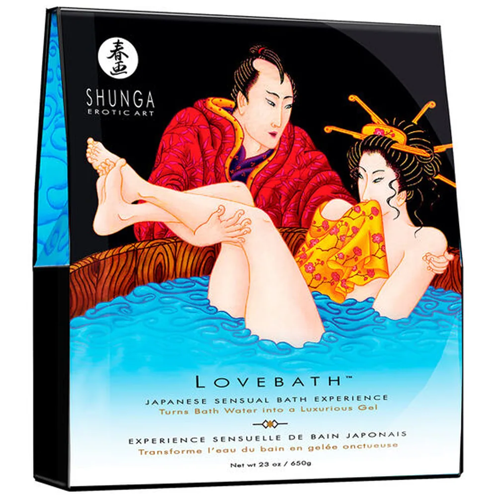Emballage noir du bain gélifié Lovebath Tentations L'océan par Shunga, illustré d'une scène japonaise traditionnelle avec deux figures en rouge et or dans l'eau bleue, filet 650g