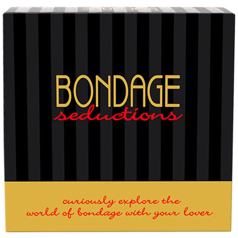Boîte « Bondage Seductions » contenant un masque rouge, des menottes noires, un fouet noir à franges, des cartes d'instructions et un dé rouge sur fond blanc