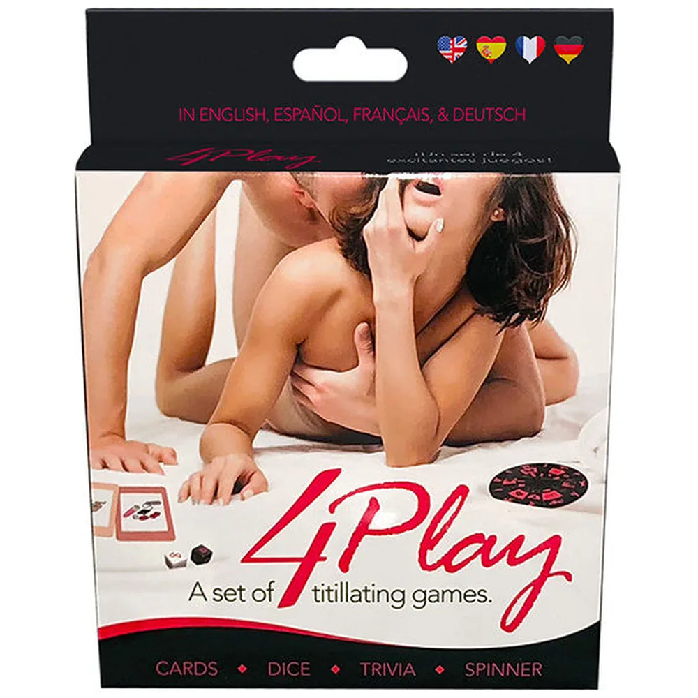 Boîte de l'ensemble 4Play contenant un plateau de jeu circulaire noir et rouge, un dé, des cartes illustrées et un livret de règles, avec plusieurs cartes de jeu colorées étalées devant