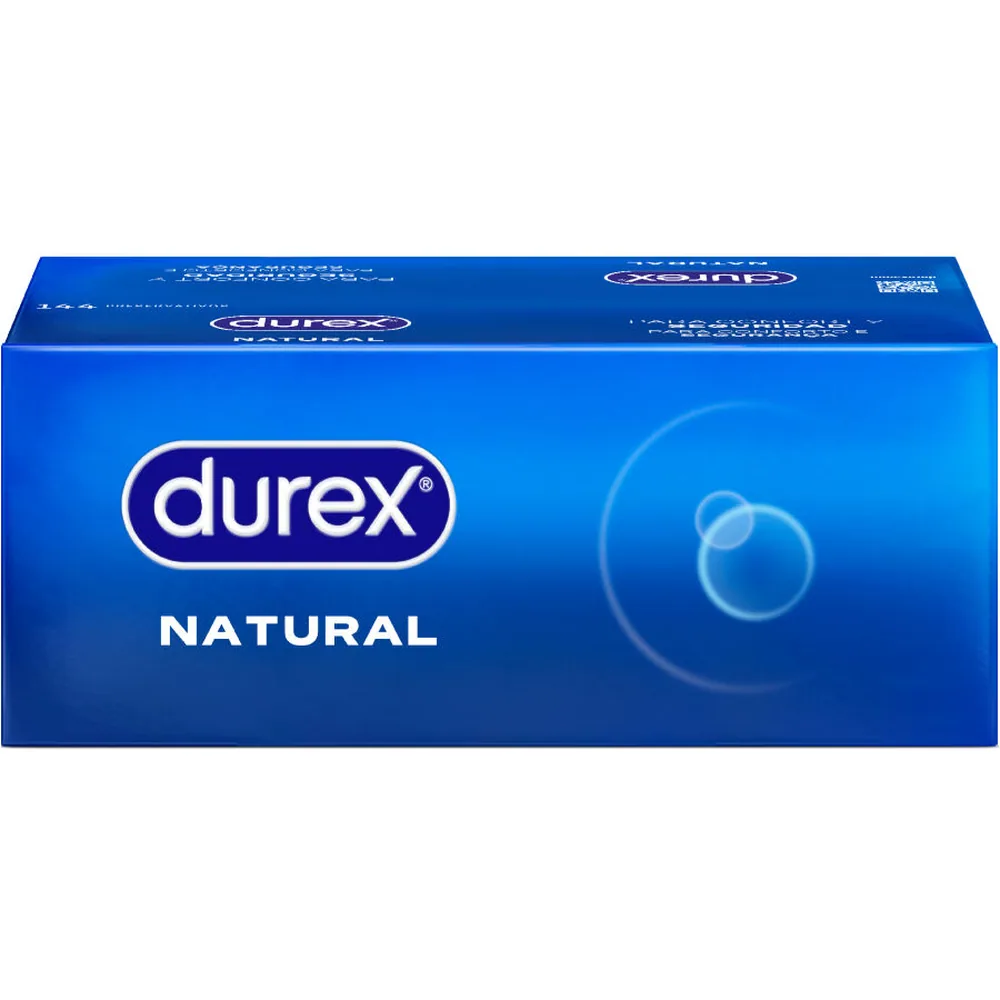 Boîte de préservatifs Durex Natural, emballage bleu avec logo de marque et mention du produit en blanc