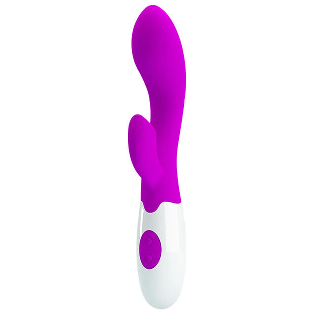 Vibromasseur en silicone violet et blanc avec double stimulation, poignée ergonomique blanche et bouton de commande