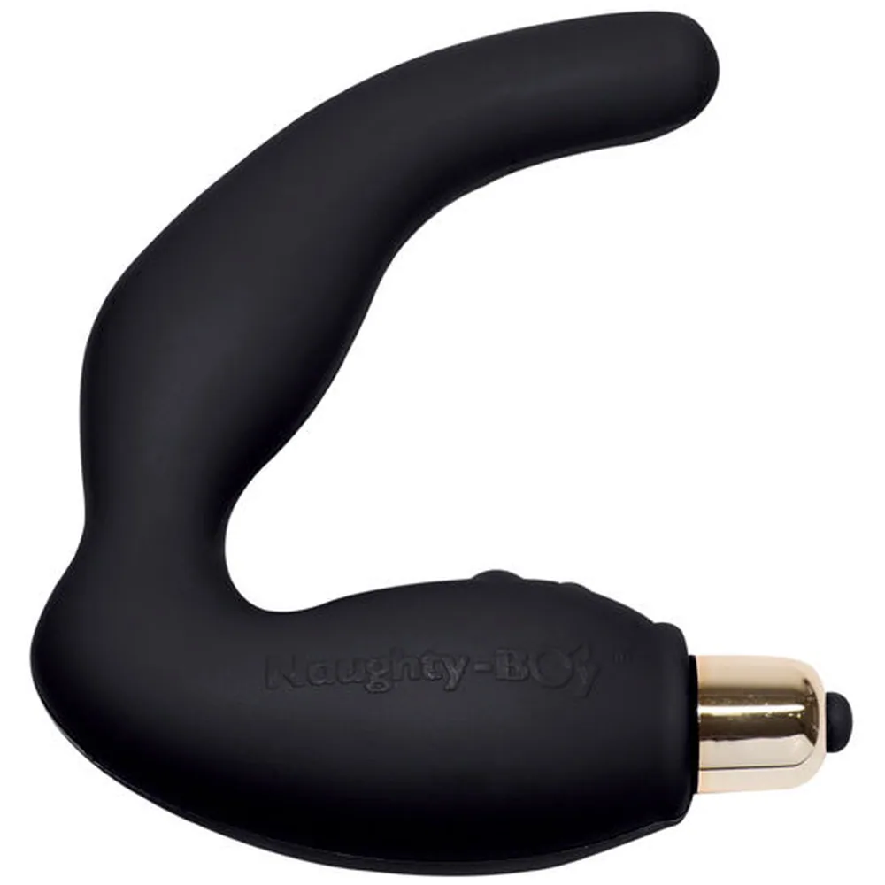 Stimulateur de prostate noir incurvé avec embout arrondi, corps matelassé, moteur doré à la base, sur fond blanc