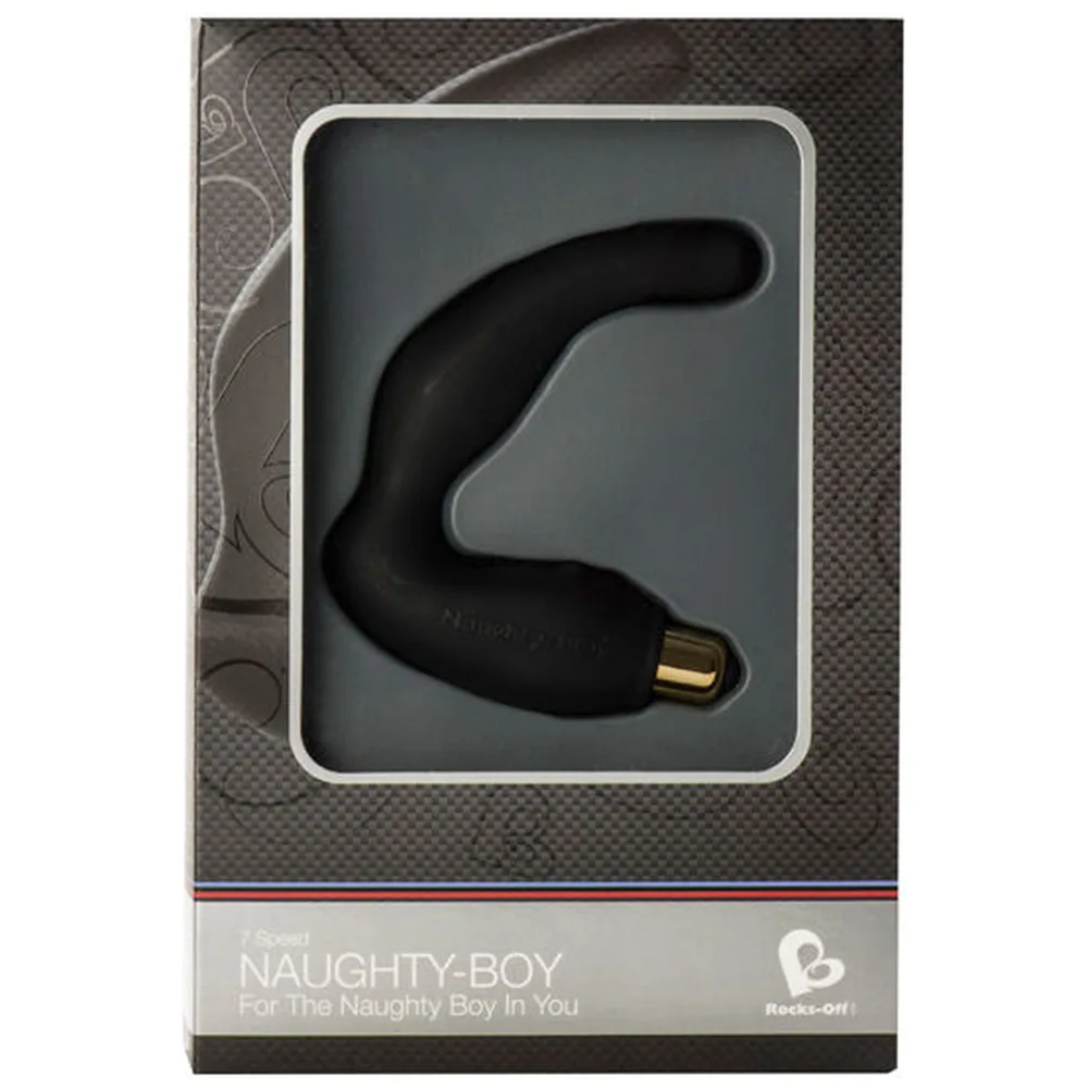 Stimulateur de prostate noir incurvé avec embout arrondi, corps matelassé, moteur doré à la base, sur fond blanc