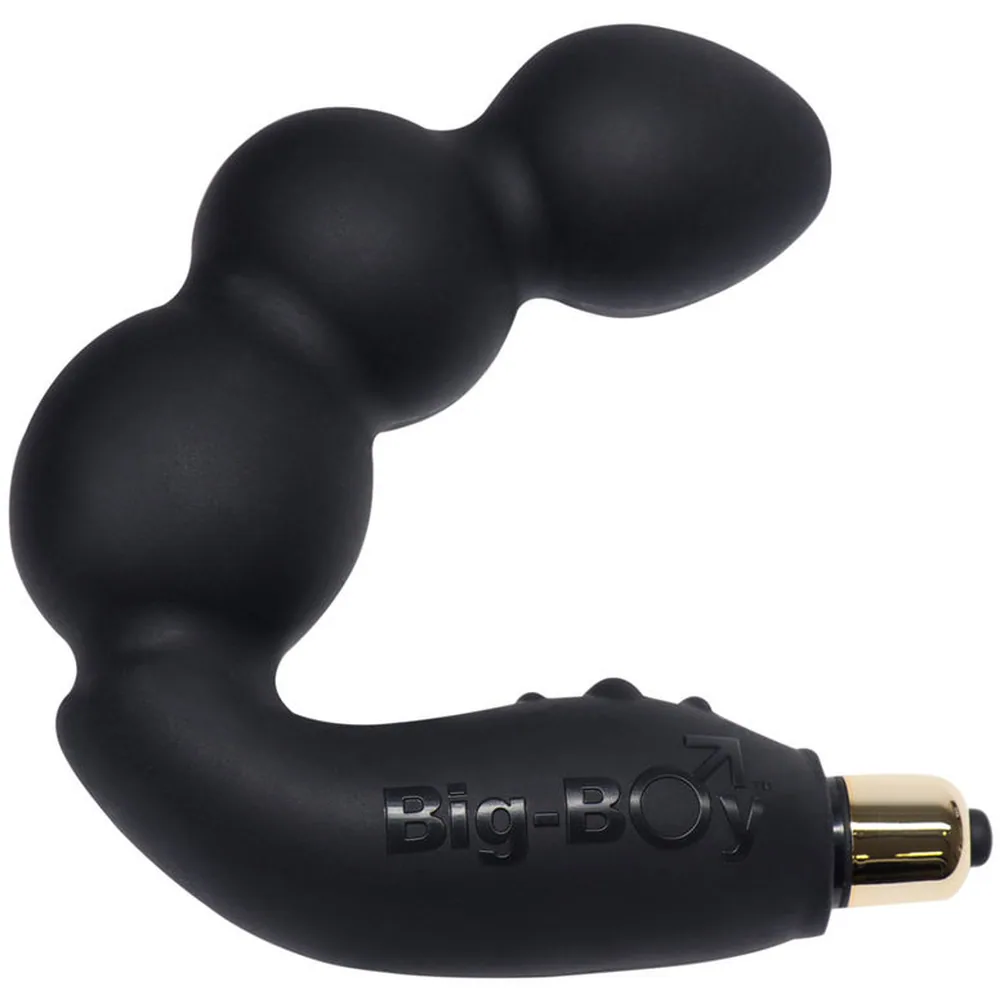 Stimulateur de prostate noir en silicone avec trois bulbes progressifs et bras texturé, embout doré, sur fond blanc