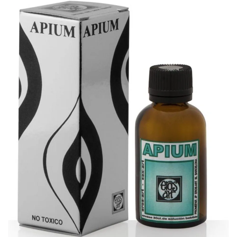 Emballage et flacon du produit Apium : boîte blanche et noire avec motif ondulé, et flacon en verre ambré de 30 ml avec étiquette turquoise et bouchon noir