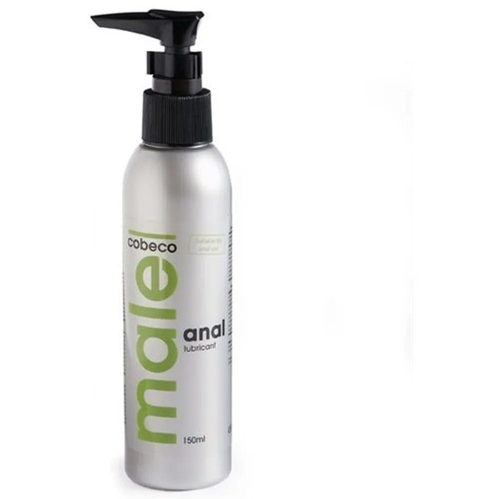 Flacon de lubrifiant anal de 150 ml en aluminium argenté avec pompe noire, étiquette verte marque Cobeco