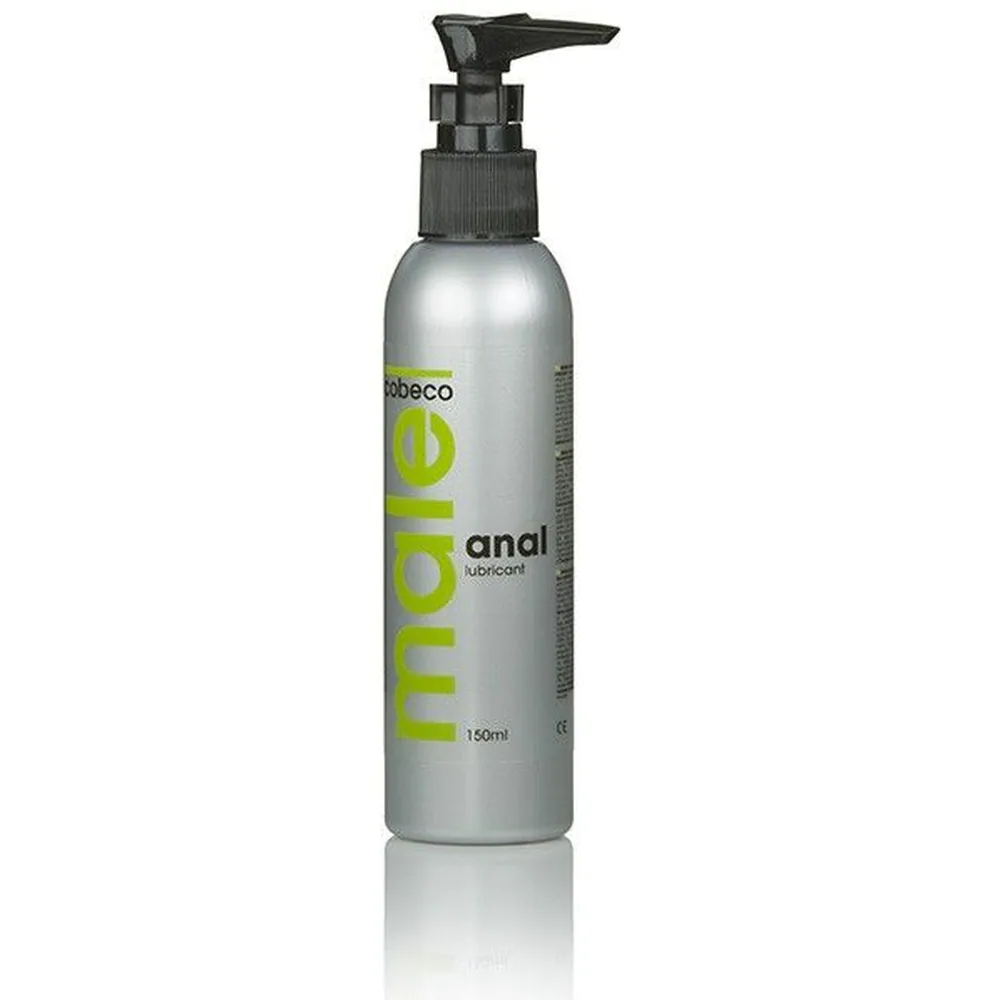 Flacon de lubrifiant anal de 150 ml en aluminium argenté avec pompe noire, étiquette verte marque Cobeco
