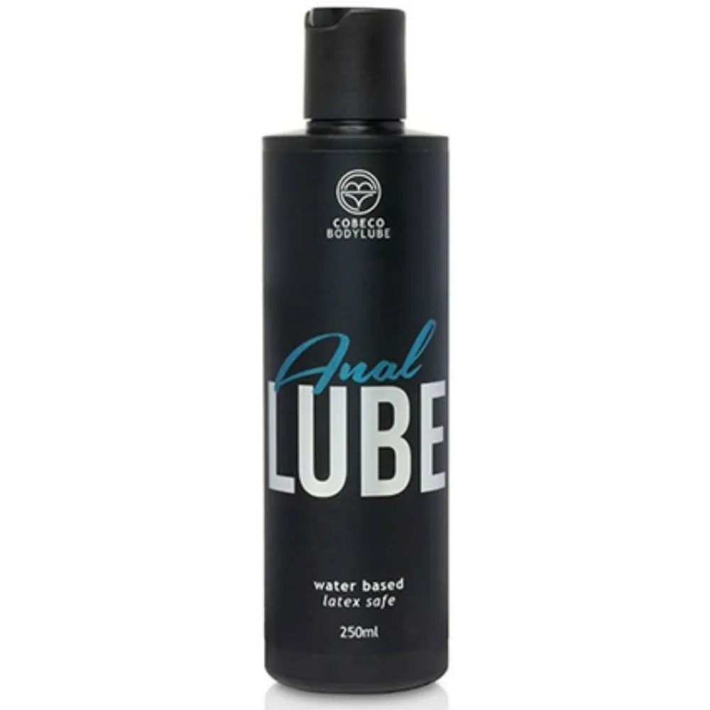 Flacon noir de 250 ml de lubrifiant anal à base d'eau, étiquette blanche avec inscriptions bleues, bouchon noir, sur fond blanc
