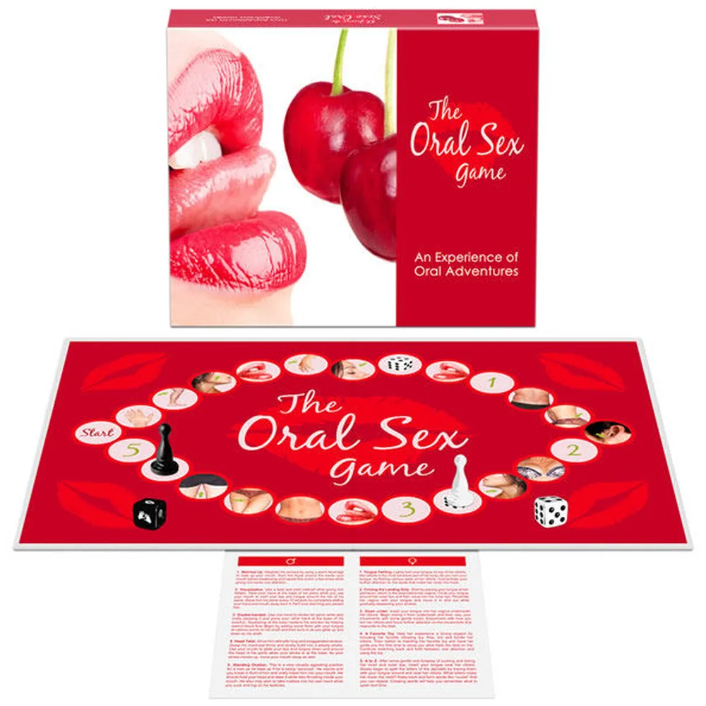 Emballage du jeu Sexe Oral avec images de lèvres roses et de cerises rouges sur fond blanc et rouge vif