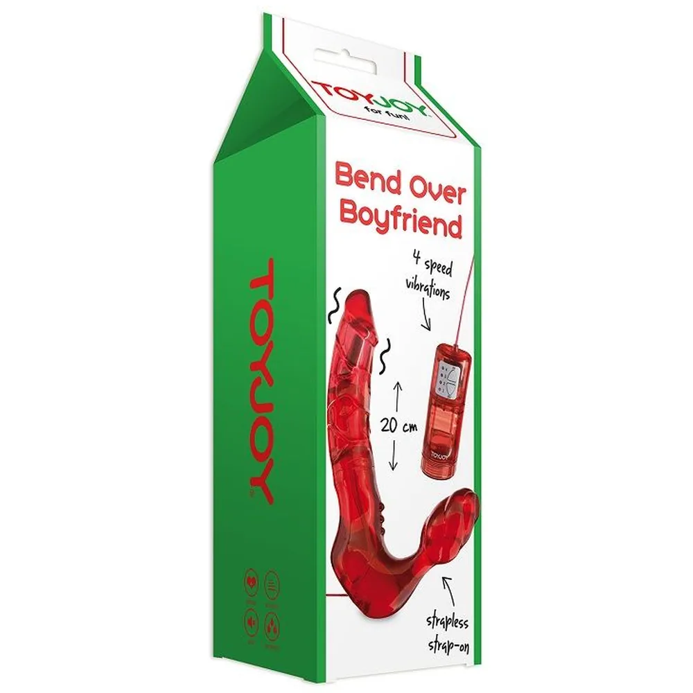 Emballage d'un strap-on vibrant sans bretelle de 20 cm, en silicone rouge, avec télécommande filaire, 4 modes de vibration, sur fond blanc avec marquages de dimensions