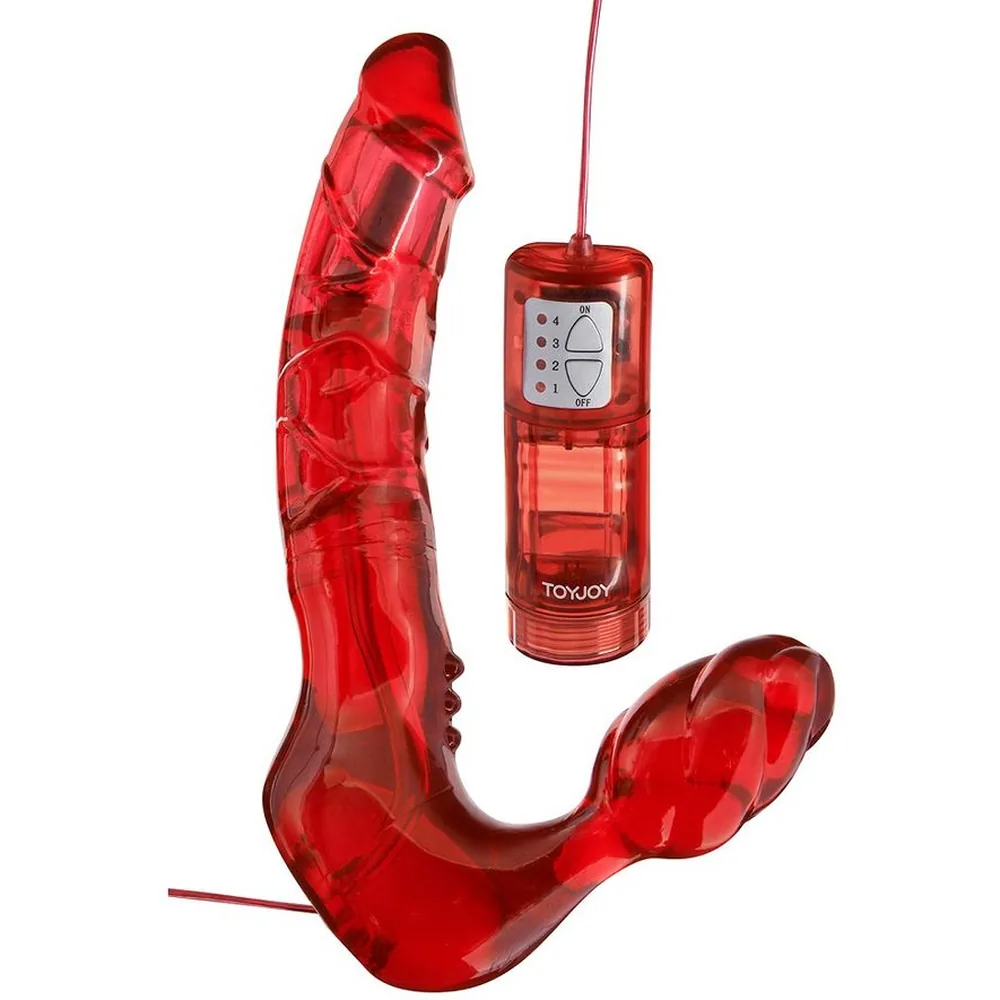 Emballage d'un strap-on vibrant sans bretelle de 20 cm, en silicone rouge, avec télécommande filaire, 4 modes de vibration, sur fond blanc avec marquages de dimensions