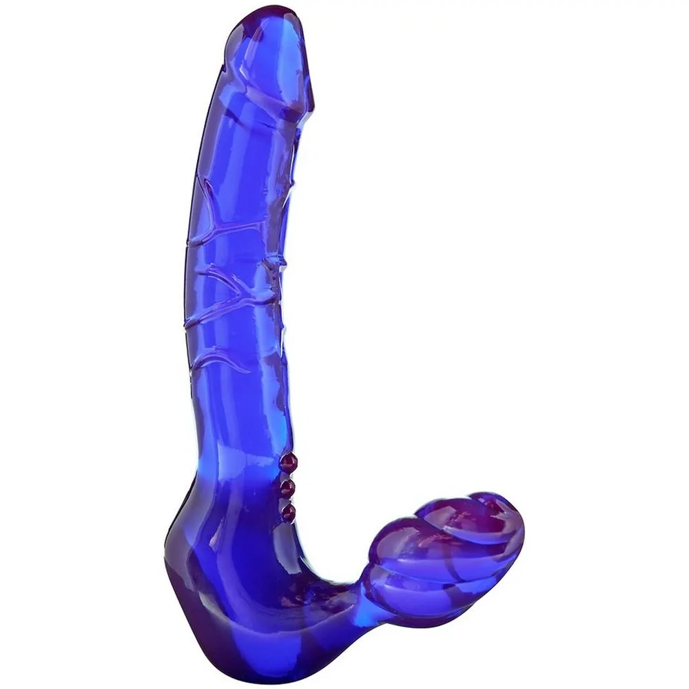 Emballage d'un strap-on violet sans sangle, en silicone, 20 cm de long, avec stimulateur externe en forme de lapin, présenté sur fond blanc et vert