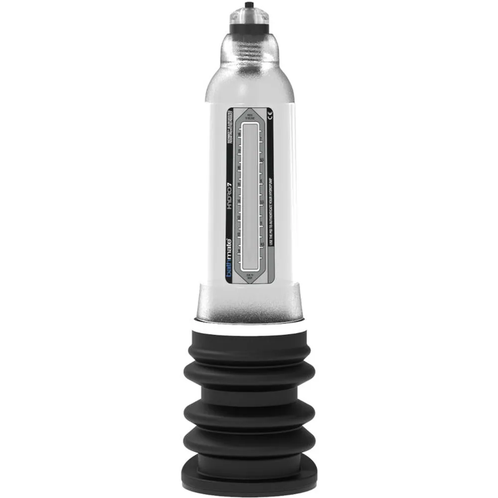 Pompe à pénis en silicone transparent et noir avec tubulure centrale graduée, base évasée noire et embout noir, sur fond blanc