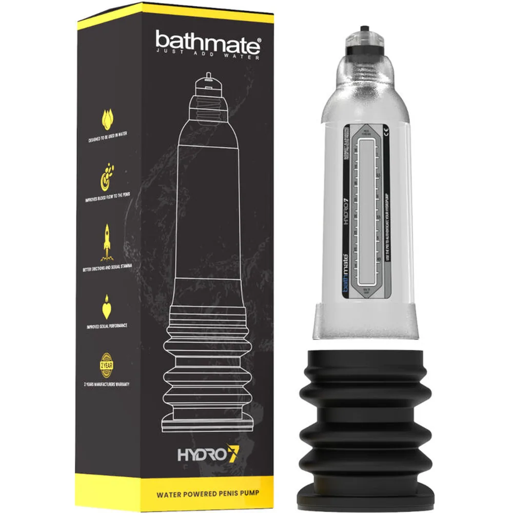 Pompe à pénis en silicone transparent et noir avec tubulure centrale graduée, base évasée noire et embout noir, sur fond blanc