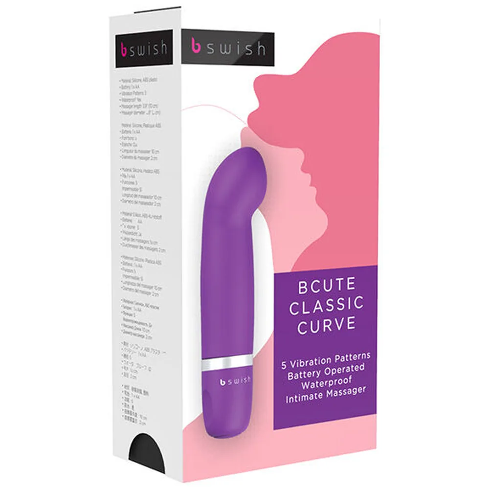Emballage du stimulateur clitoridien Bcute Classic Curve par B Swish, boîte blanche et rose avec illustration du produit violet courbe et ses caractéristiques listées
