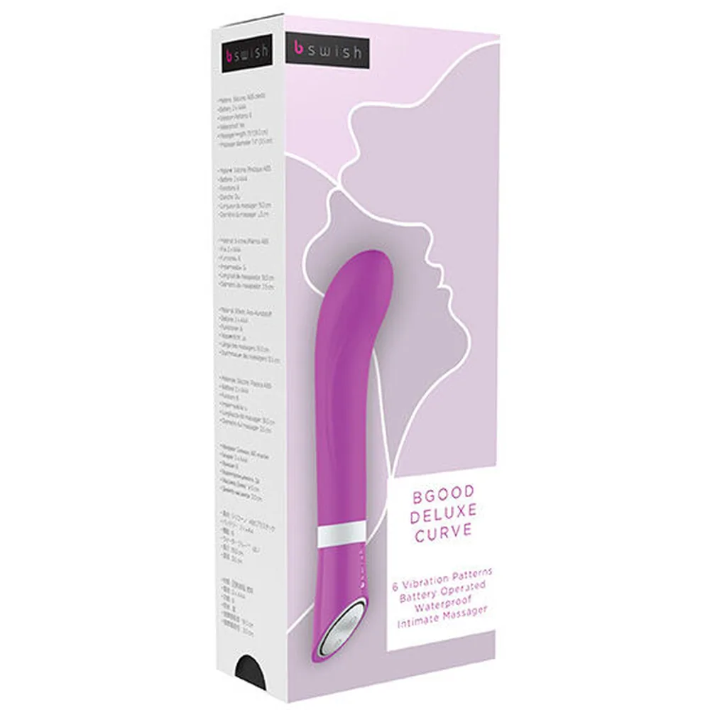 Vibromasseur violet magenta avec courbe anatomique, bande blanche au milieu et pointe arrondie, sur fond blanc