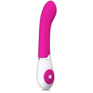Vibromasseur courbé en silicone rose vif avec poignée blanche et bague de commande rose, fond blanc