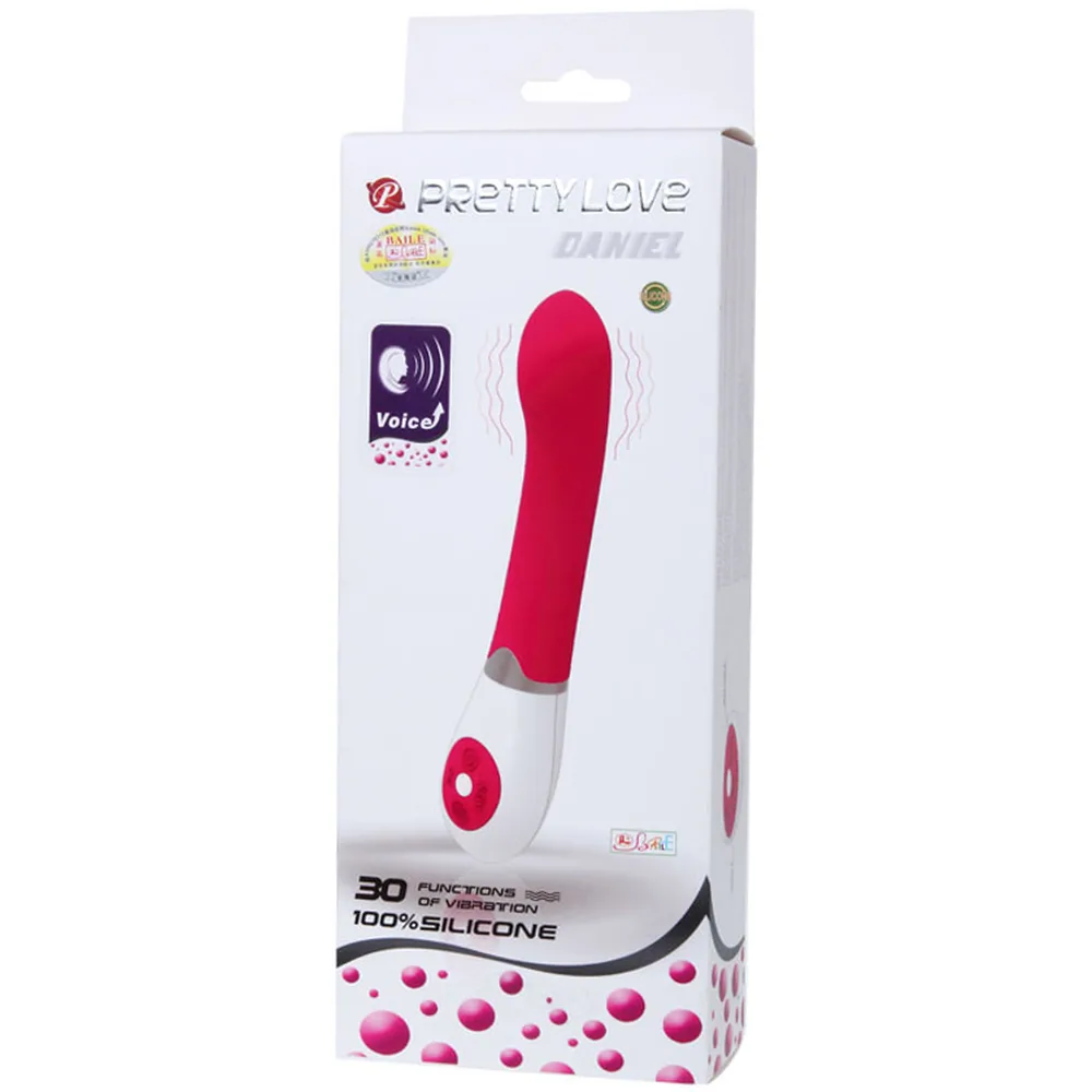 Vibromasseur courbé en silicone rose vif avec poignée blanche et bague de commande rose, fond blanc