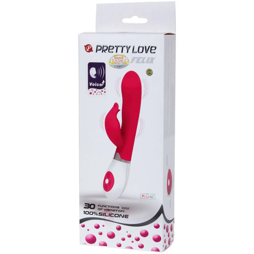 Vibromasseur rabbit en silicone rose et blanc avec branche de stimulation, moteur au menton et bouton de commande rose sur la base