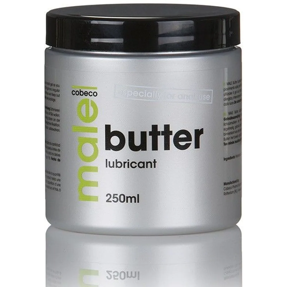 Pot de lubrifiant Male Beurre de 250 ml, contenant blanc avec logo vert lime et bouchon noir, sur fond blanc avec reflet