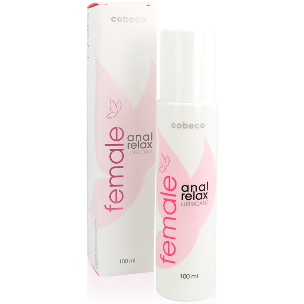 Emballage et flacon du lubrifiant anal Femelle Anal Relax, 100 ml, présenté dans une boîte blanche et rose avec le flacon blanc à pompe