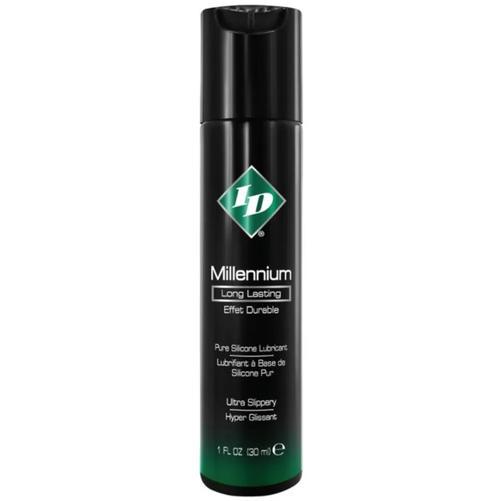 Flacon spray noir de 30 ml de lubrifiant silicone Millennium, avec bande verte à la base et logo diamant vert sur l'étiquette