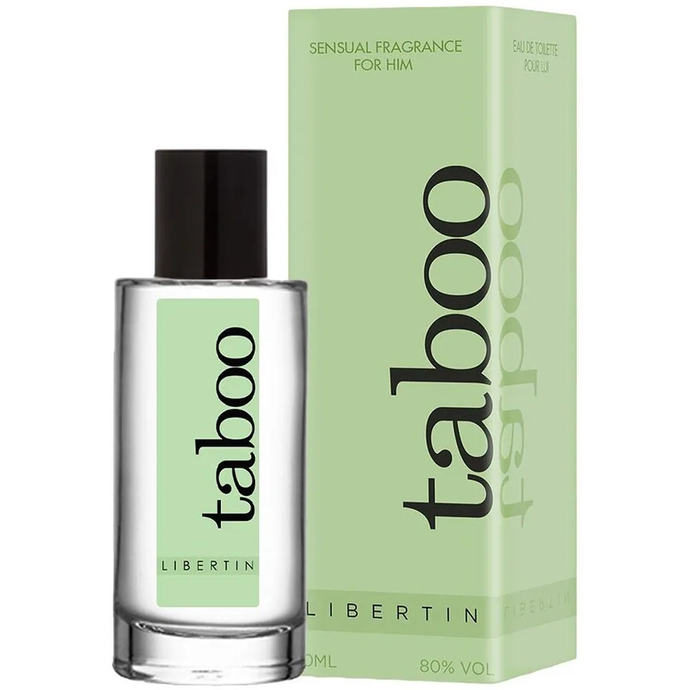 Flacon de parfum aux phéromones Taboo Libertin 50 ml à base de tabac, accompagné de son emballage carton vert pâle avec bouchon noir