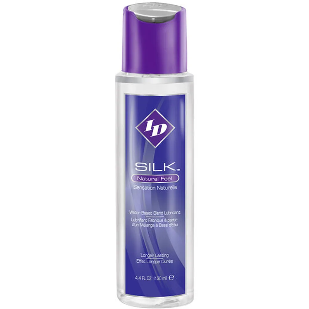 Flacon noir et violet de lubrifiant hybride eau et silicone ID Silk Natural Feel, 130 ml, avec logo ID en diamant violet et étiquette blanche détaillant la composition