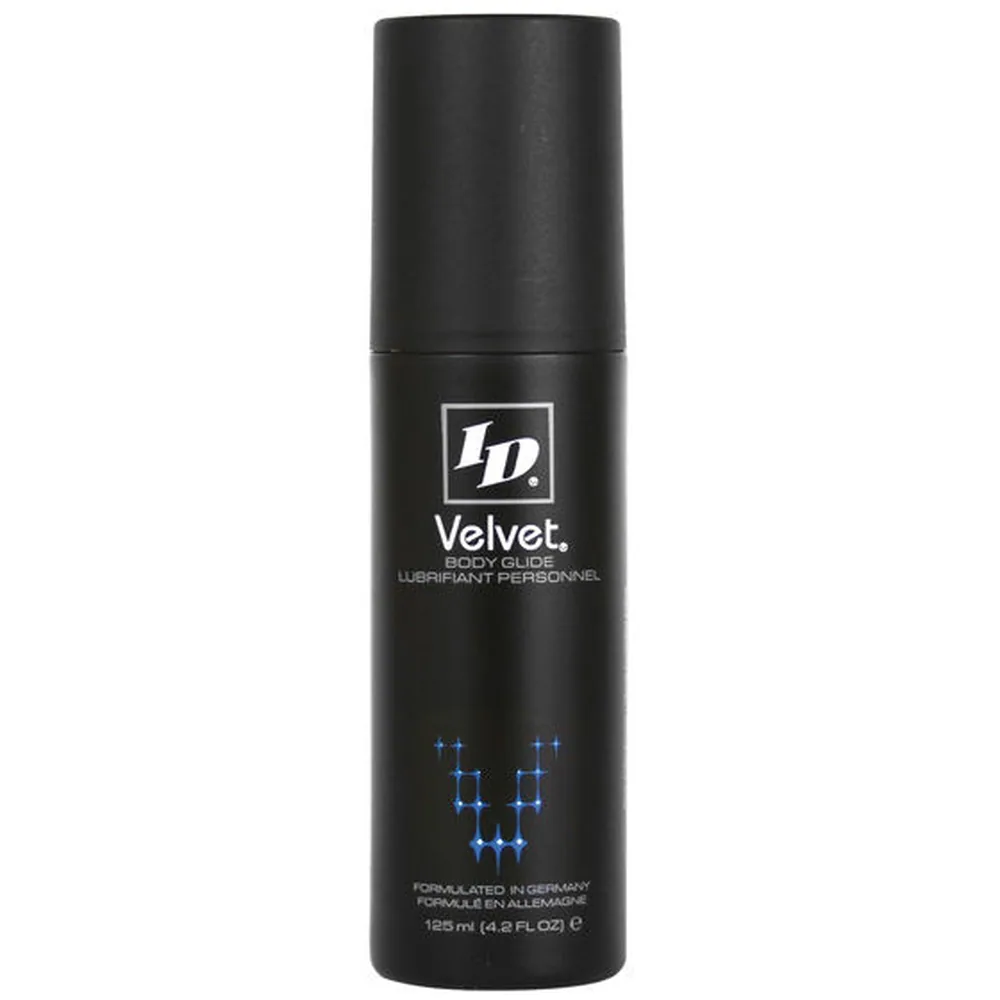 Flacon noir cylindrique de lubrifiant Velvet Body Glide 125 ml avec logo et détails bleus, fond blanc