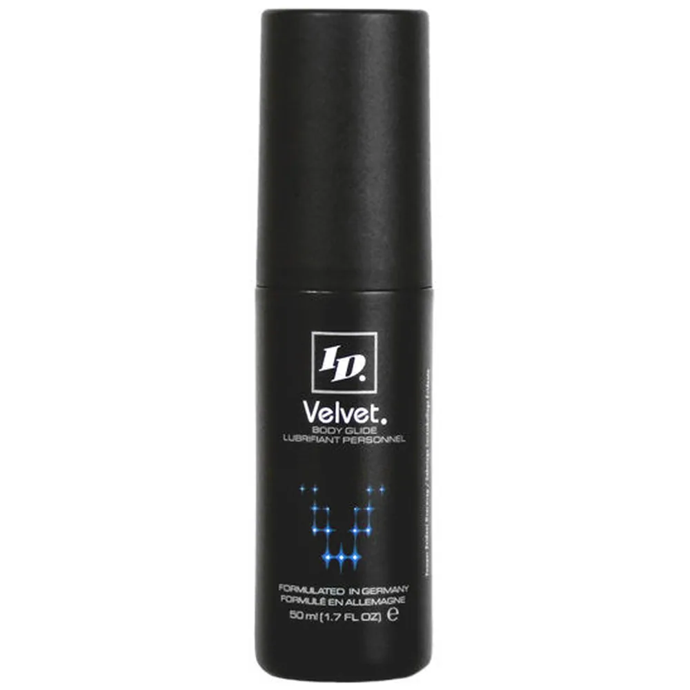 Flacon noir cylindrique de lubrifiant personnel Velvet Body Glide 50 ml, avec logo et motif de points bleus lumineux sur l'étiquette