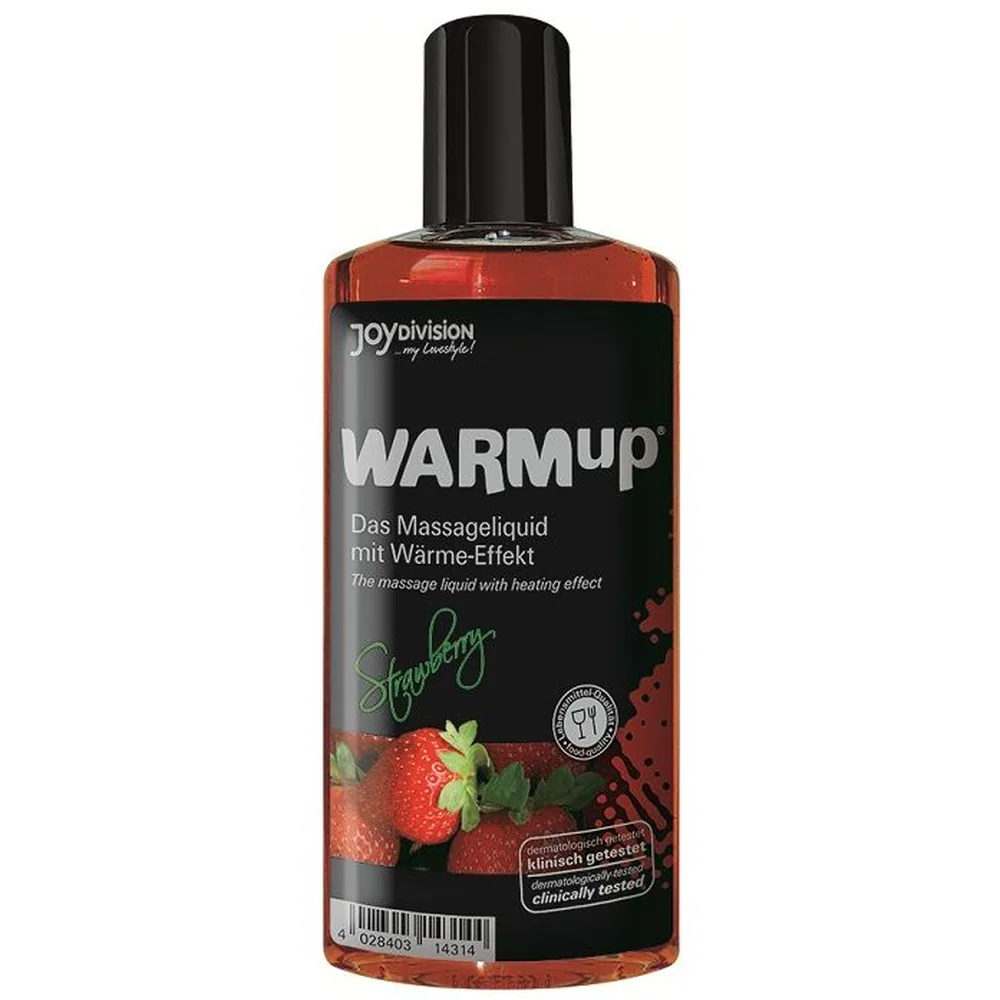 Flacon de Warmup fraise, huile de massage chauffante à base de fraise, bouteille en verre teinté avec bouchon noir et étiquette noire sur fond blanc