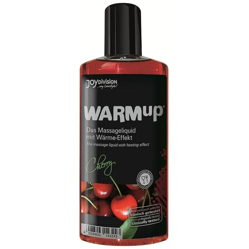 Flacon d'huile de massage Warmup à effet chauffant, liquide rouge foncé translucide, étiquette noire et rouge avec cerises, bouchon noir vissé