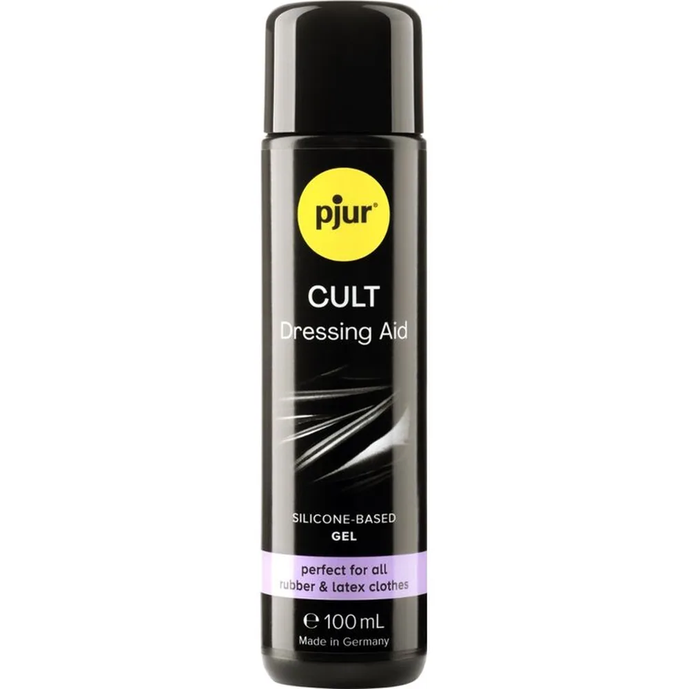 Flacon noir de 100 mL de gel de dressing Pjur Cult à base de silicone, avec étiquette jaune et noire indiquant l'usage pour vêtements en latex et caoutchouc