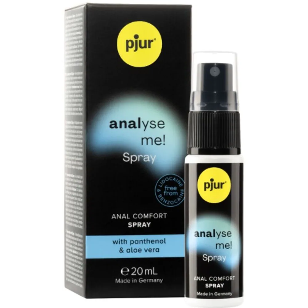 Emballage et flacon spray noir du lubrifiant Analyse Me de pjur, 20 ml, avec panthénol et aloe vera, fond bleu dégradé