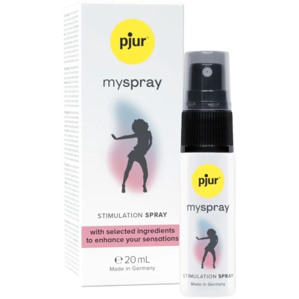 Emballage carton blanc et flacon spray MySpray pjur 20 ml avec bouchon pulvérisateur noir, présenté de face sur fond blanc