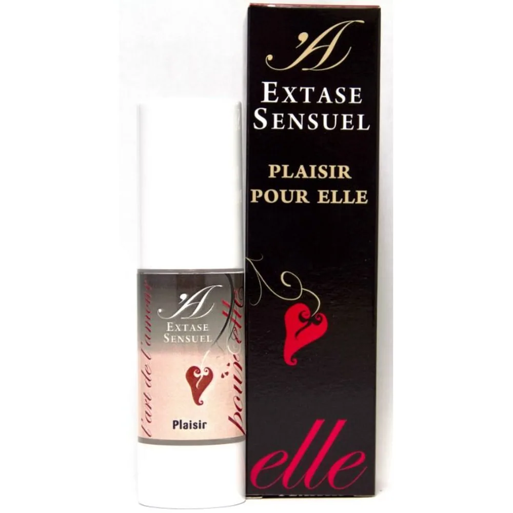 Flacon pompe airless noir avec étiquette dégradée beige et rouge, « Extase Sensuel » et « Plaisir » visibles, capuchon noir à proximité sur fond blanc