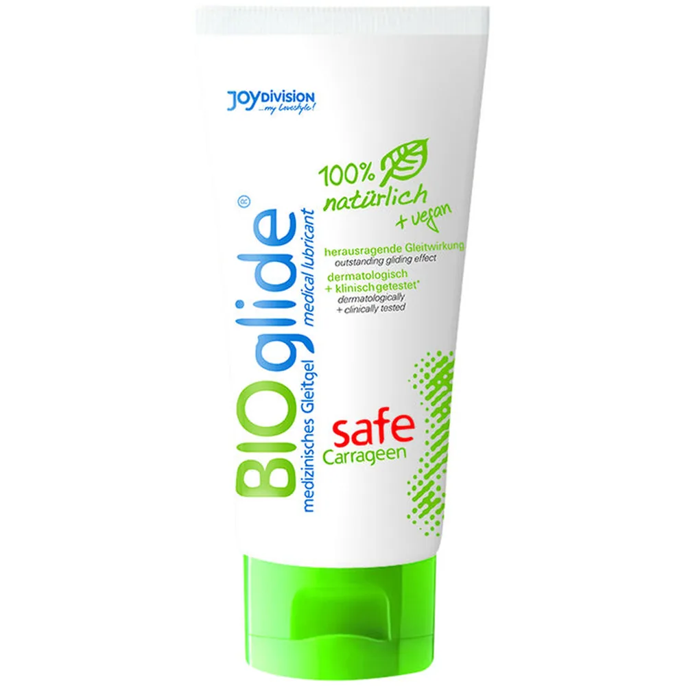 Tube de lubrifiant Bioglide Safe de la marque Joy Division, étiquette blanche et verte avec mentions « 100% naturlich + vegan » et « safe Carrageen »