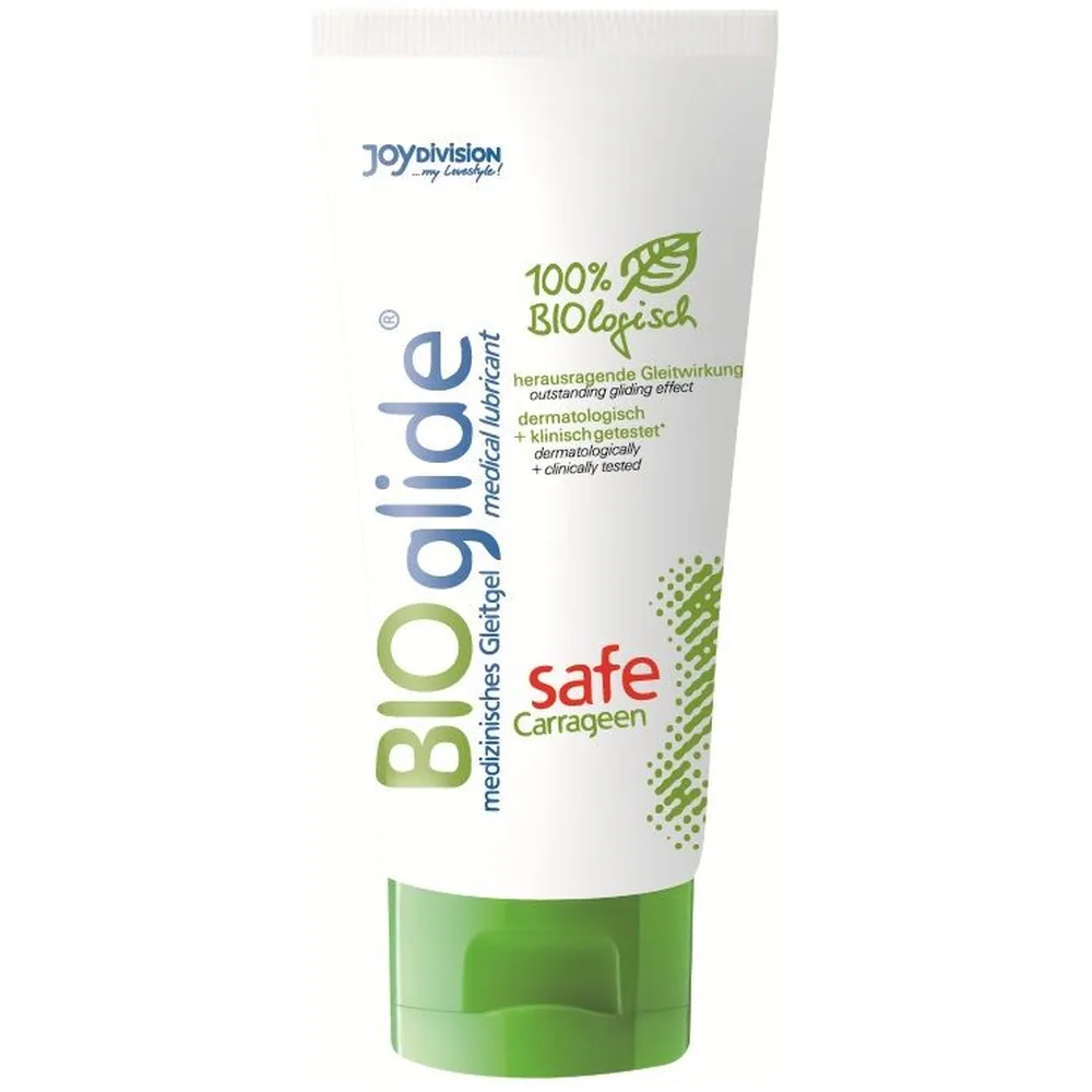 Tube de lubrifiant Bioglide Safe de la marque Joy Division, étiquette blanche et verte avec mentions « 100% naturlich + vegan » et « safe Carrageen »