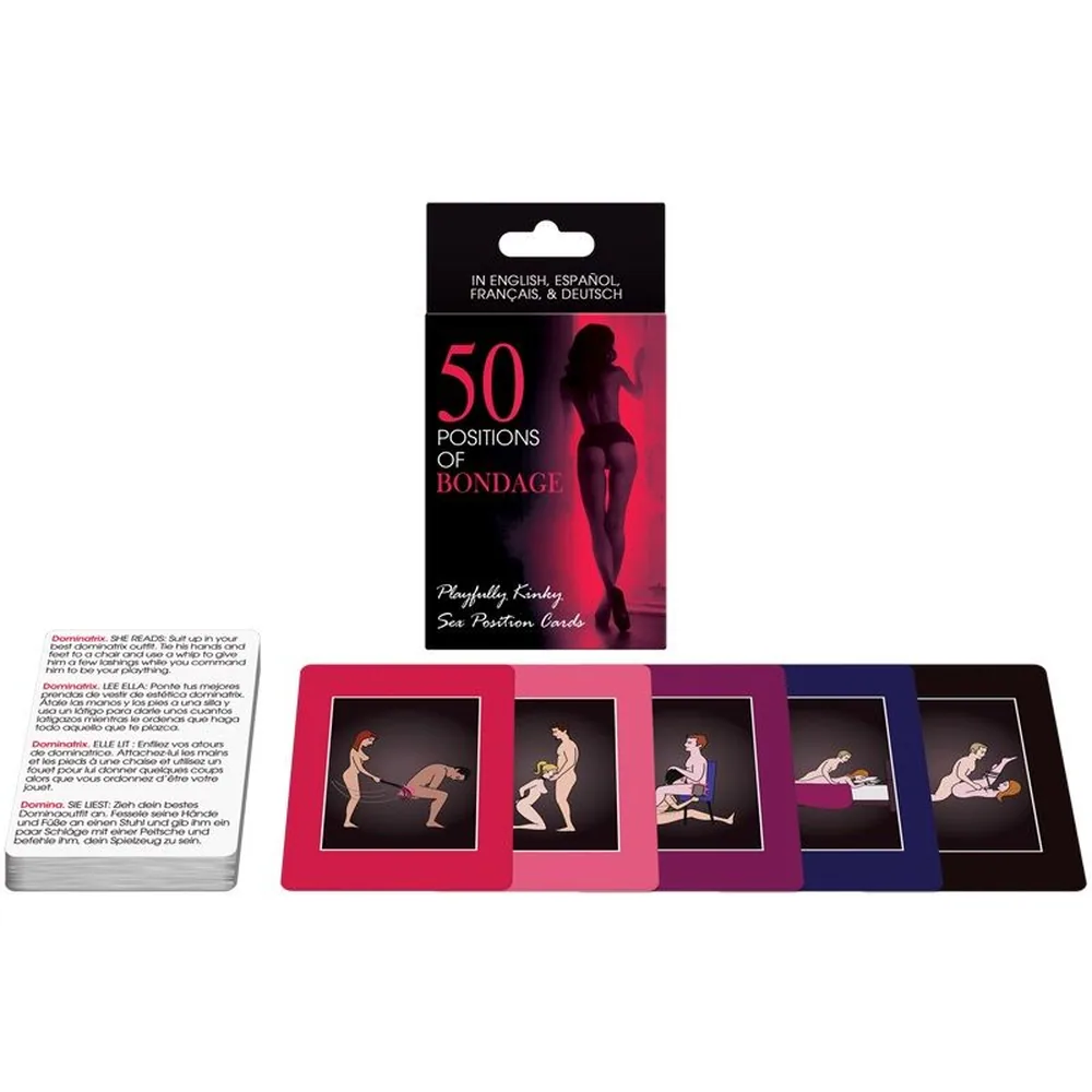 Boîte de cartes « 50 Positions of Bondage » avec livret d'instructions multilingues et éventail de cinq cartes illustrées de couples en différentes positions, fond blanc
