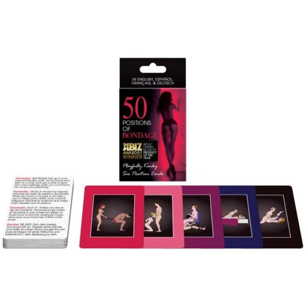 Boîte de cartes « 50 Positions of Bondage » avec livret d'instructions multilingues et éventail de cinq cartes illustrées de couples en différentes positions, fond blanc
